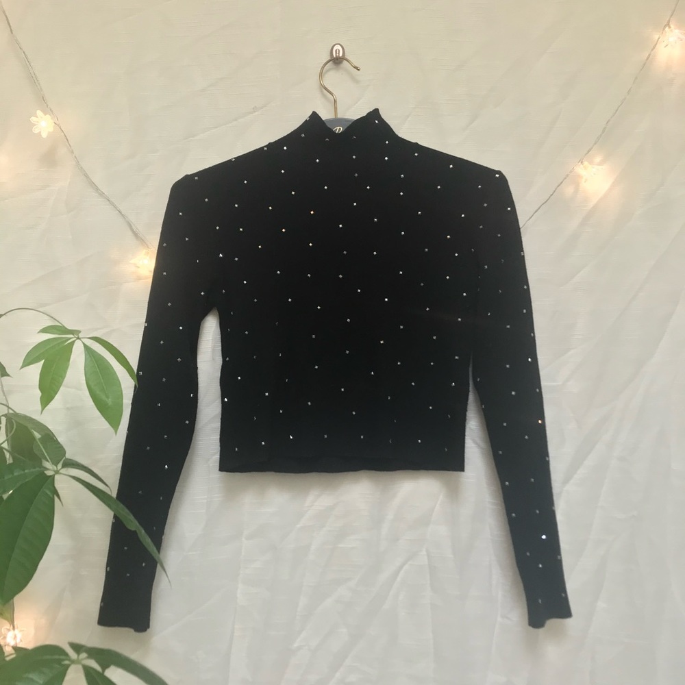 Zara bejeweled cropped black knit sweater with turtle neck